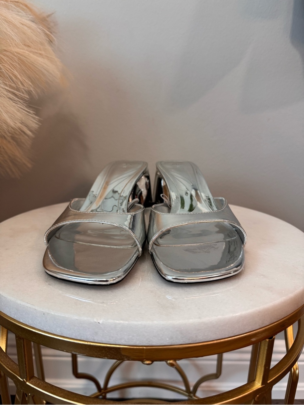 Zara Silver Metallic Open-Toe Block Heel Mules - Picture 4 of 12
